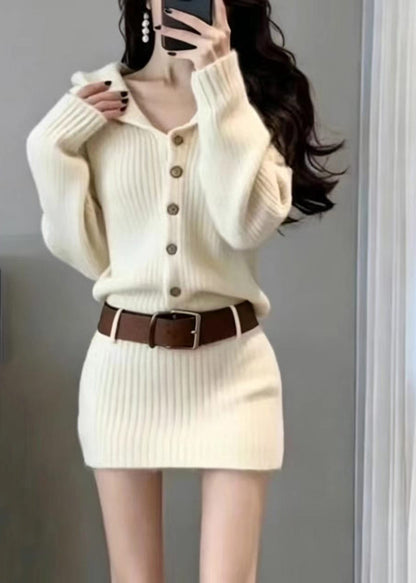 Women Beige Hooded Knit Mini Dress Fall