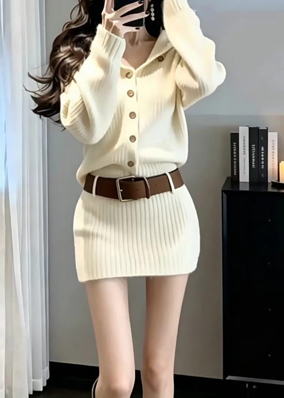 Women Beige Hooded Knit Mini Dress Fall