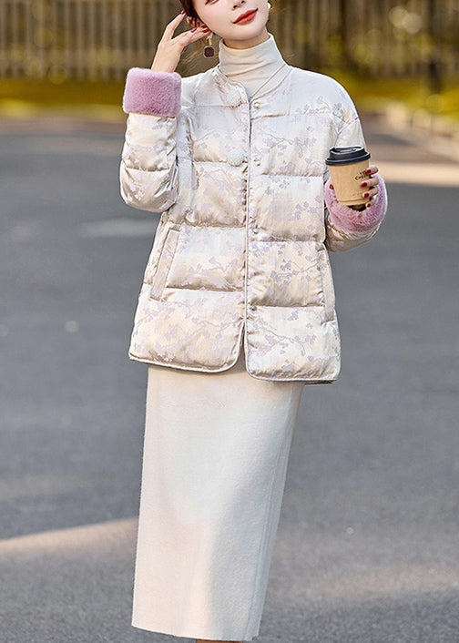 Women Beige Jacquard Fur Patchwork Duck Down Down Coat Winter