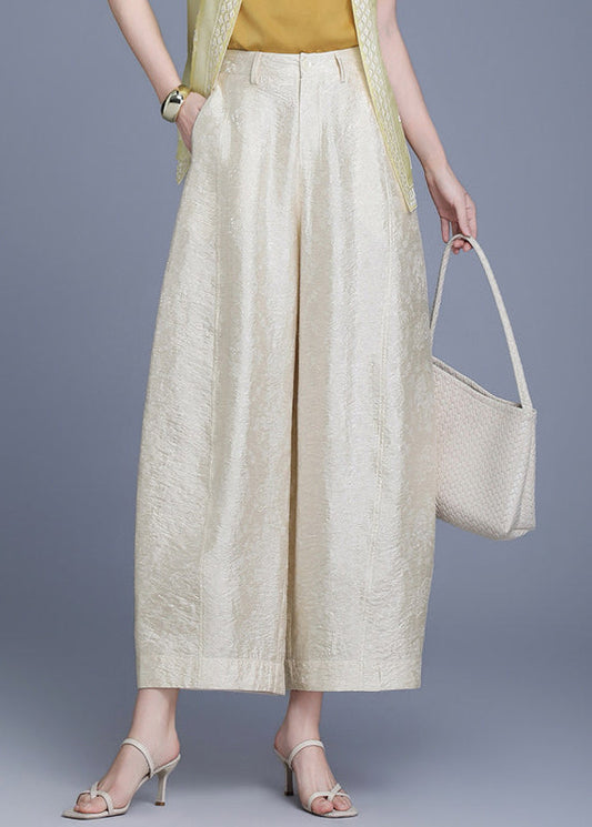 Women Beige Jacquard High Waist Wide Leg Crop Pants Summer