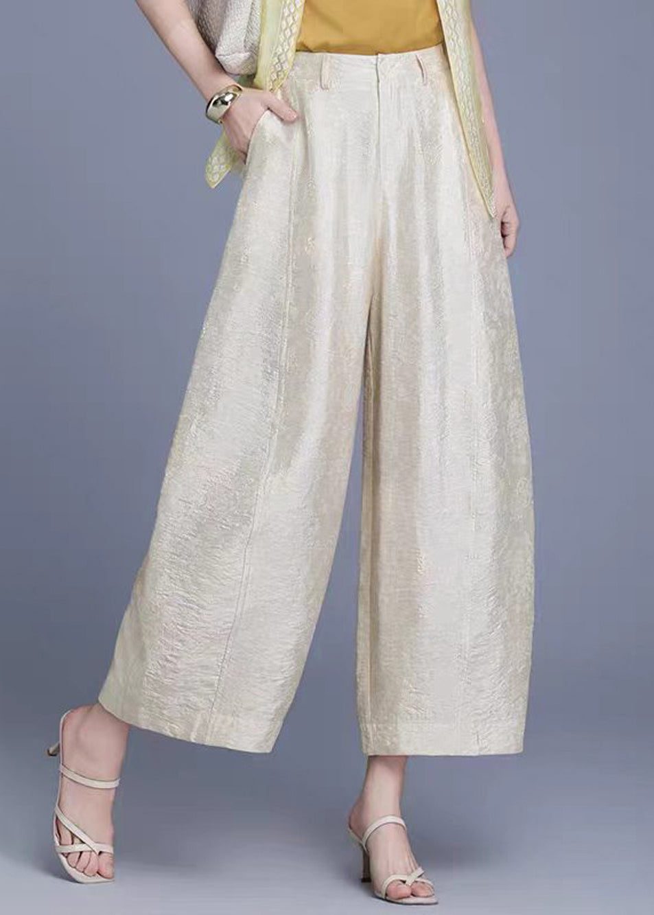 Women Beige Jacquard High Waist Wide Leg Crop Pants Summer