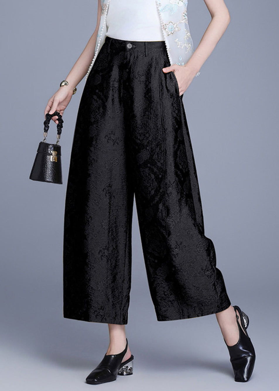 Women Beige Jacquard High Waist Wide Leg Crop Pants Summer