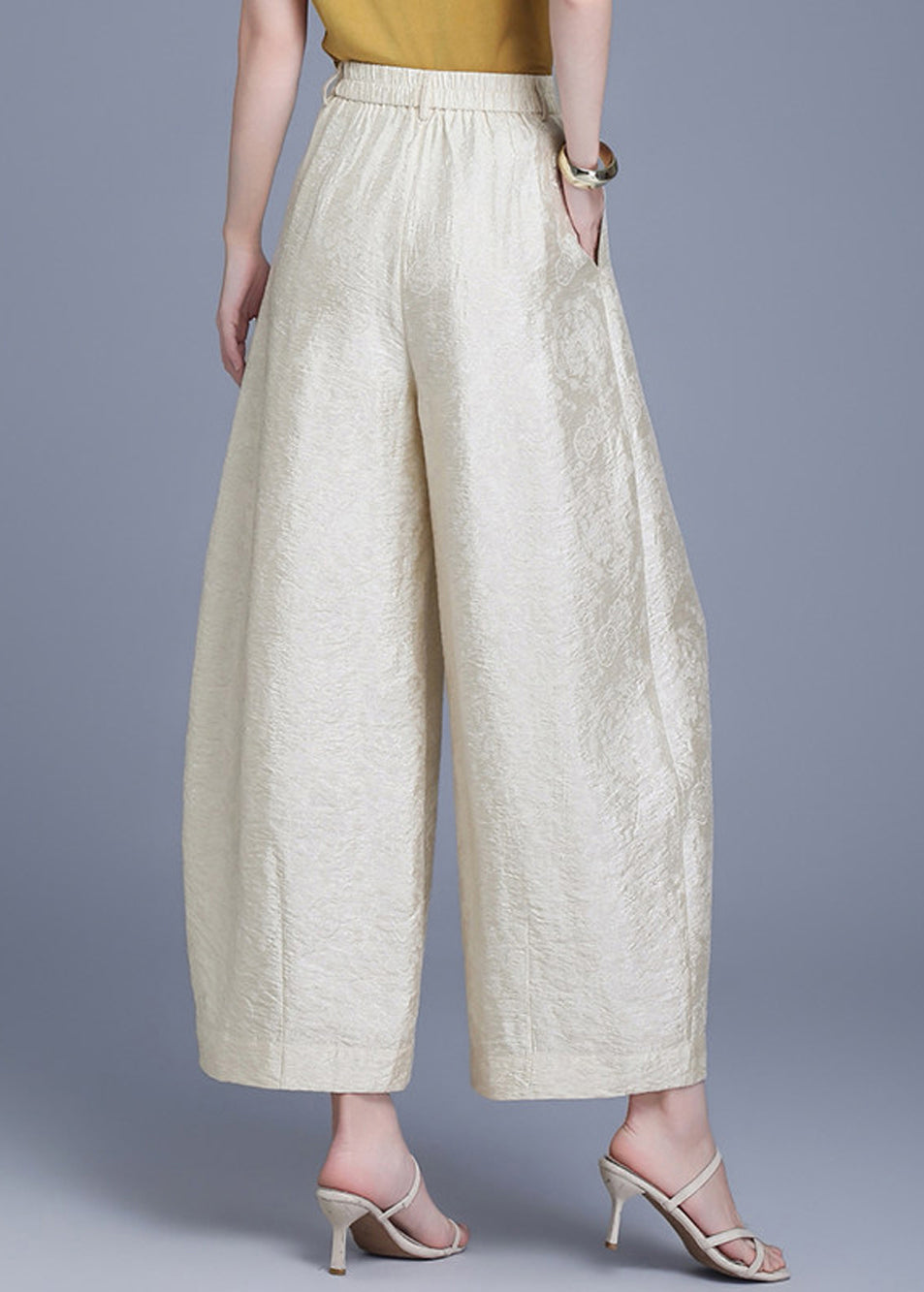 Women Beige Jacquard High Waist Wide Leg Crop Pants Summer