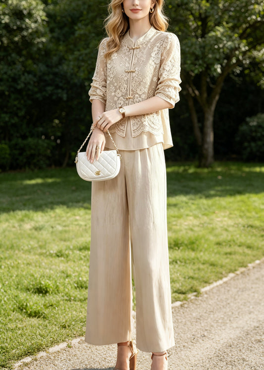 Women Beige Mandarin Collar Patchwork Lace Two Piece Suit Set Summer