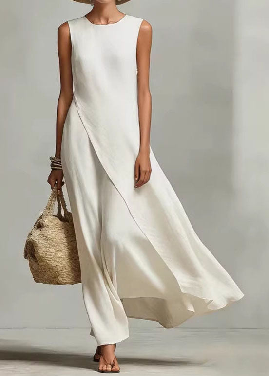Women Beige O Neck Asymmetrical Cotton Dress Sleeveless