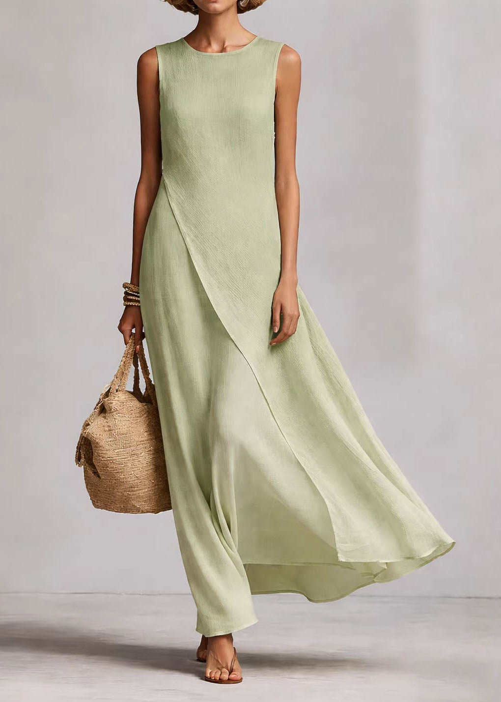Women Beige O Neck Asymmetrical Cotton Dress Sleeveless