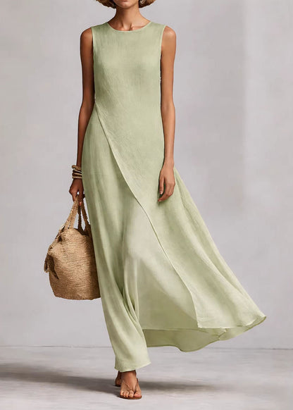 Women Beige O Neck Asymmetrical Cotton Dress Sleeveless