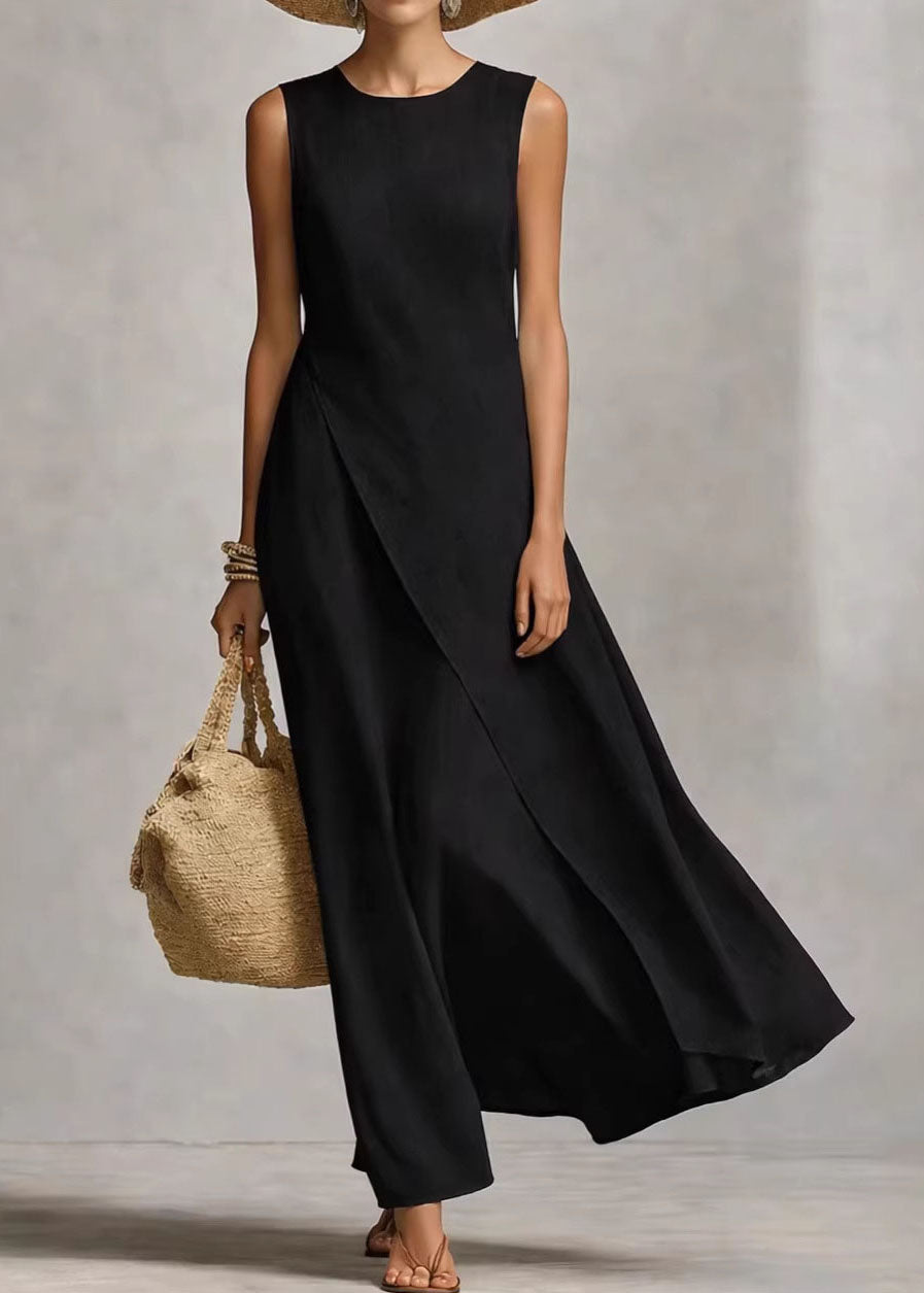 Women Beige O Neck Asymmetrical Cotton Dress Sleeveless
