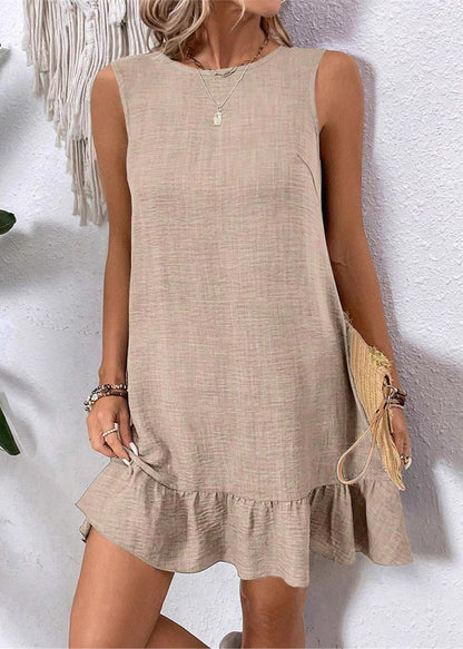 Women Beige O-Neck Lace Up Cotton Mid Dress Sleeveless