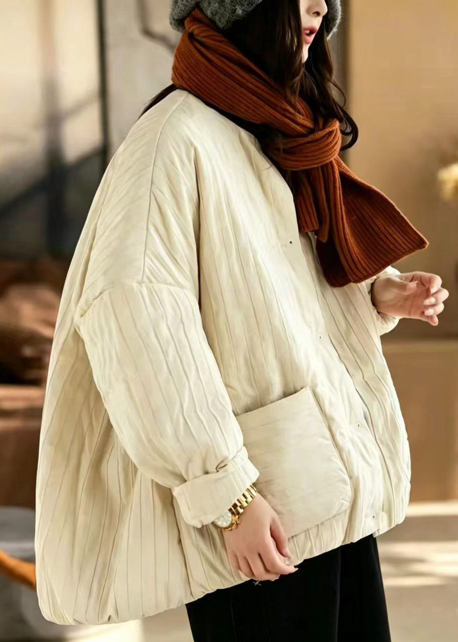 Women Beige O-Neck Oversized Pockets Cotton Filled Puffer Jacket Winter