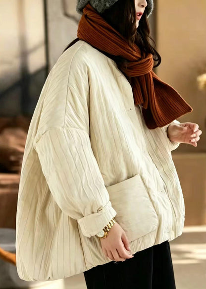 Women Beige O-Neck Oversized Pockets Cotton Filled Puffer Jacket Winter