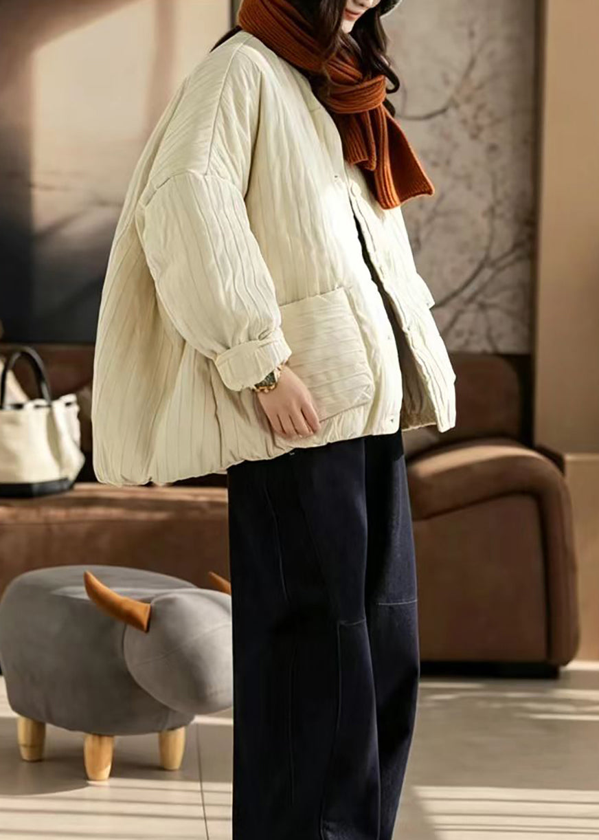 Women Beige O-Neck Oversized Pockets Cotton Filled Puffer Jacket Winter