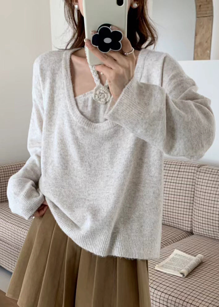 Women Beige Oversized Floral Knitted Tops Two Piece Suit Set Winter