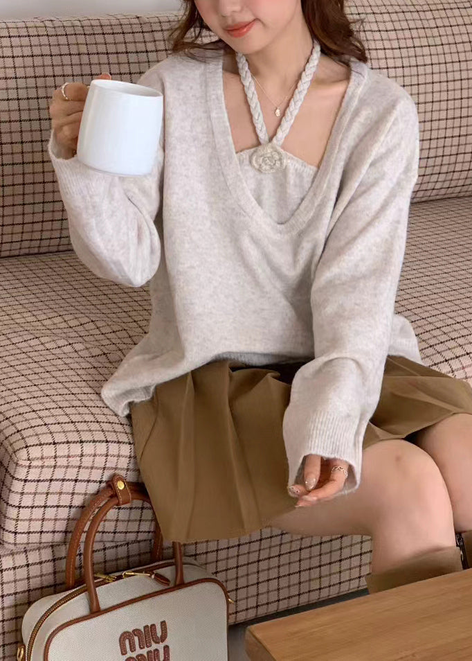 Women Beige Oversized Floral Knitted Tops Two Piece Suit Set Winter