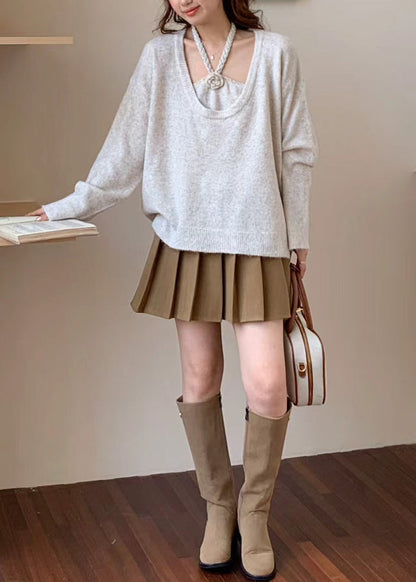 Women Beige Oversized Floral Knitted Tops Two Piece Suit Set Winter