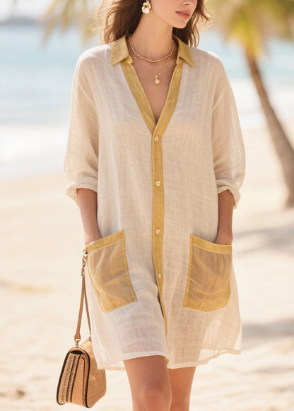 Women Beige Oversized Patchwork Cotton Mid Dress Summer