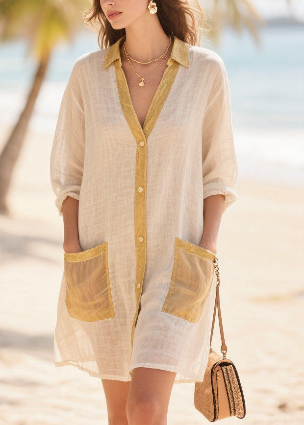 Women Beige Oversized Patchwork Cotton Mid Dress Summer