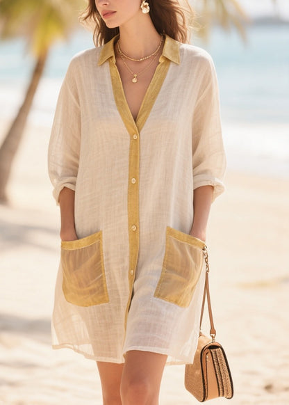 Women Beige Oversized Patchwork Cotton Mid Dress Summer