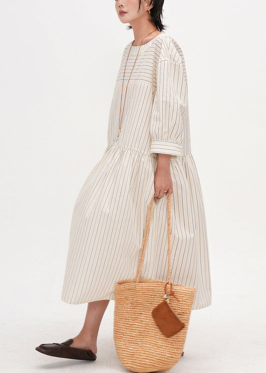 Women Beige Oversized Striped Cotton Maxi Dresses Bracelet Sleeve