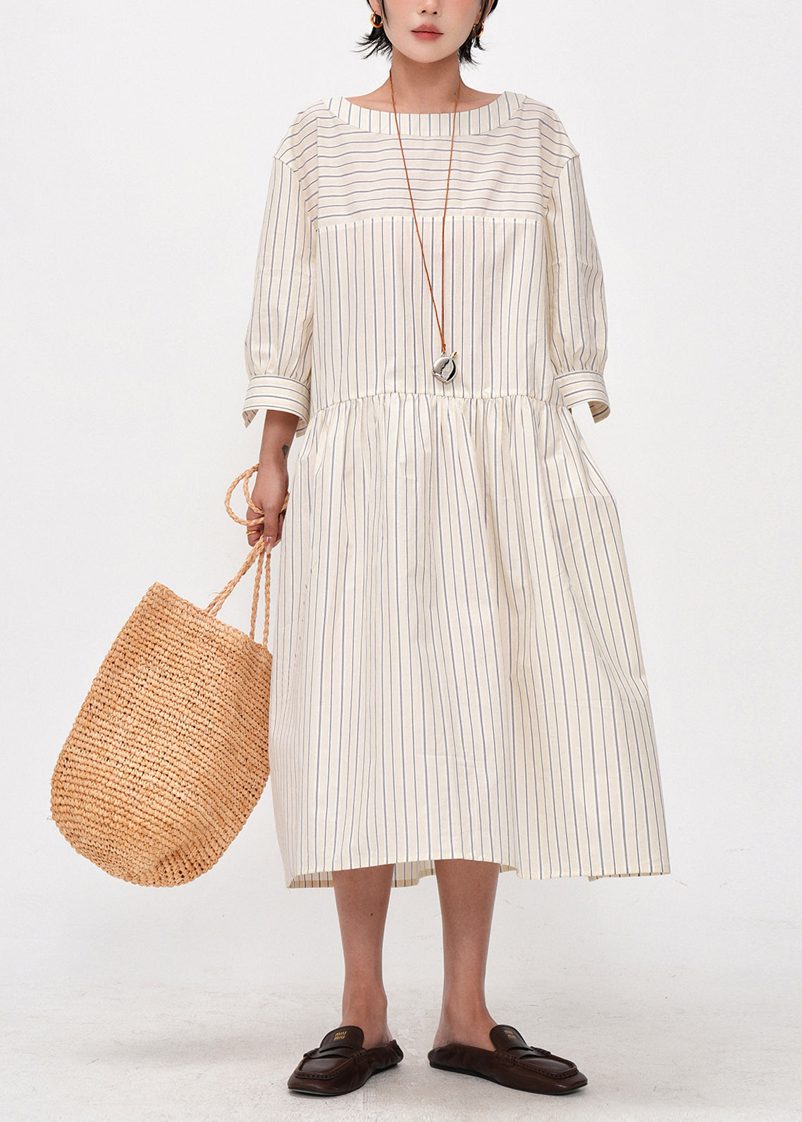 Women Beige Oversized Striped Cotton Maxi Dresses Bracelet Sleeve