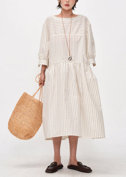 Women Beige Oversized Striped Cotton Maxi Dresses Bracelet Sleeve