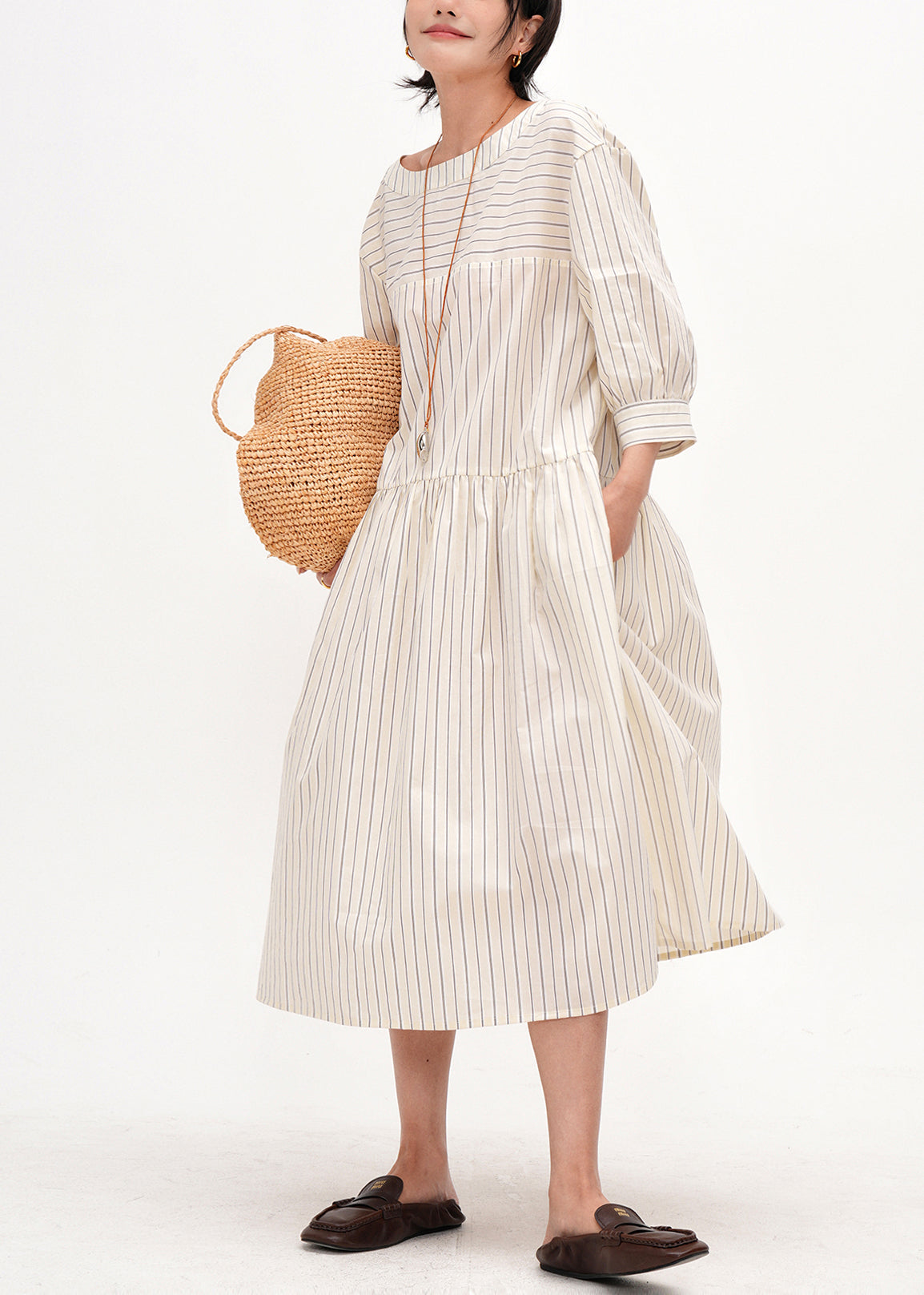 Women Beige Oversized Striped Cotton Maxi Dresses Bracelet Sleeve