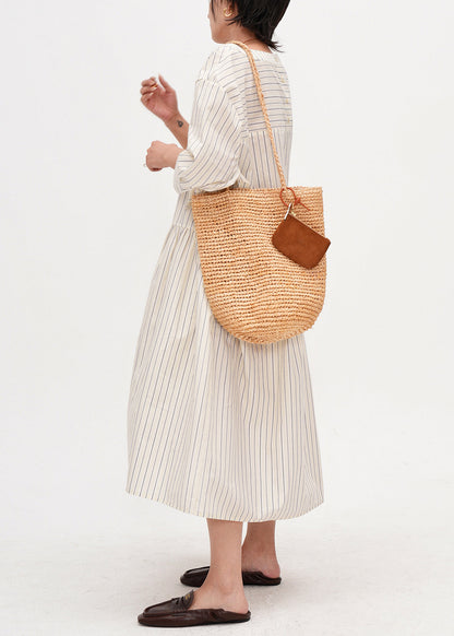 Women Beige Oversized Striped Cotton Maxi Dresses Bracelet Sleeve