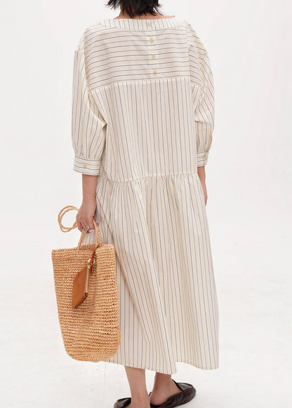 Women Beige Oversized Striped Cotton Maxi Dresses Bracelet Sleeve