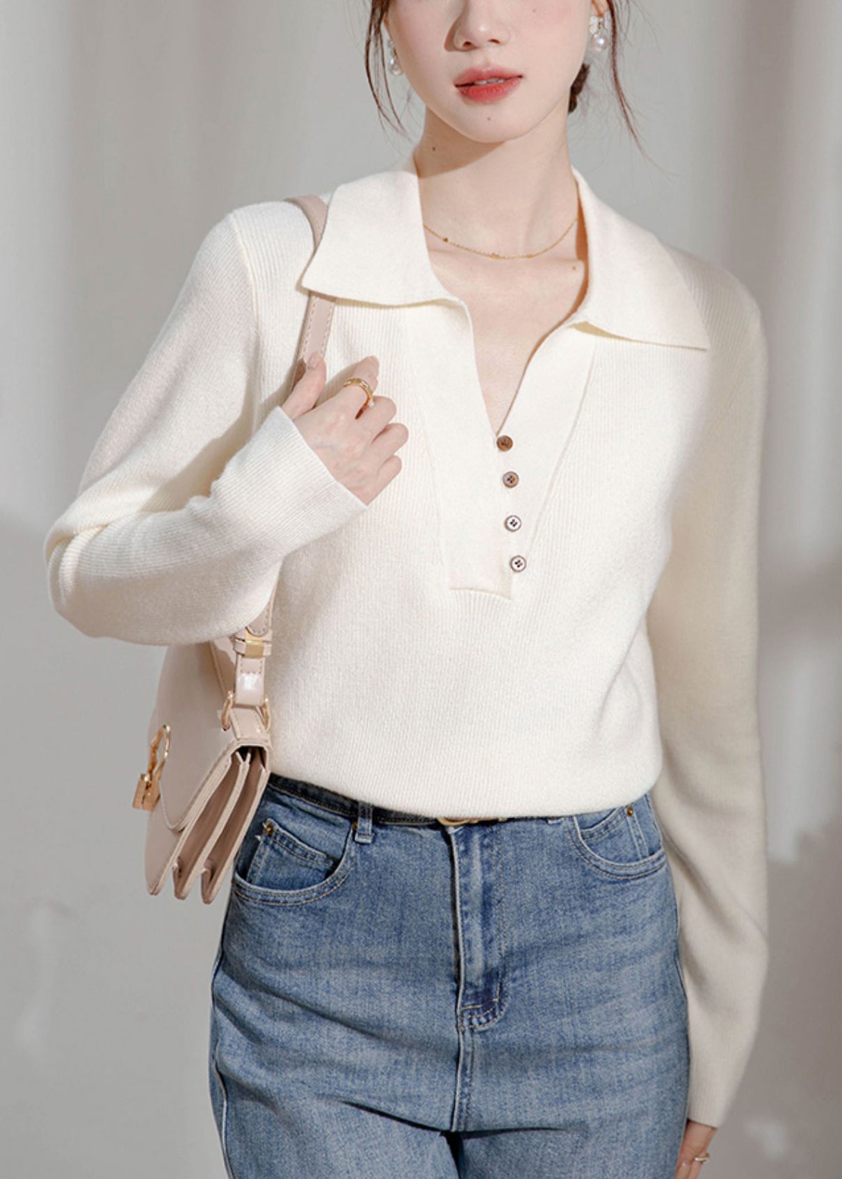 Women Beige Peter Pan Collar Button Knit Sweater Spring