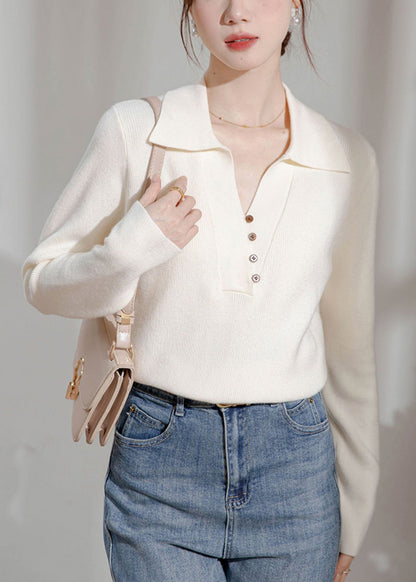 Women Beige Peter Pan Collar Button Knit Sweater Spring