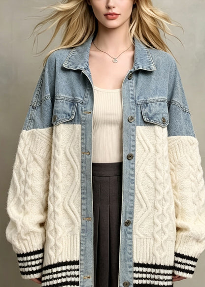 Women Beige Peter Pan Collar Denim Patchwork Knit Jacket Fall