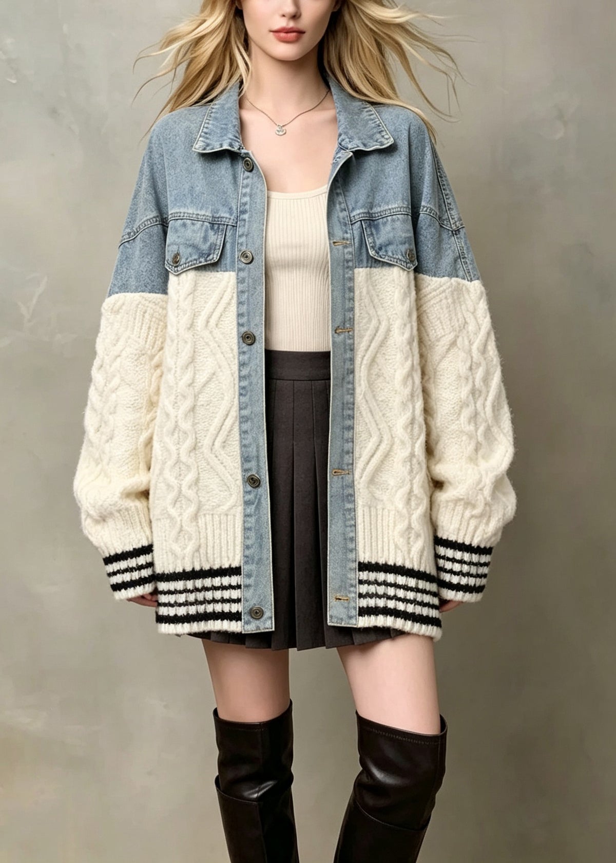 Women Beige Peter Pan Collar Denim Patchwork Knit Jacket Fall