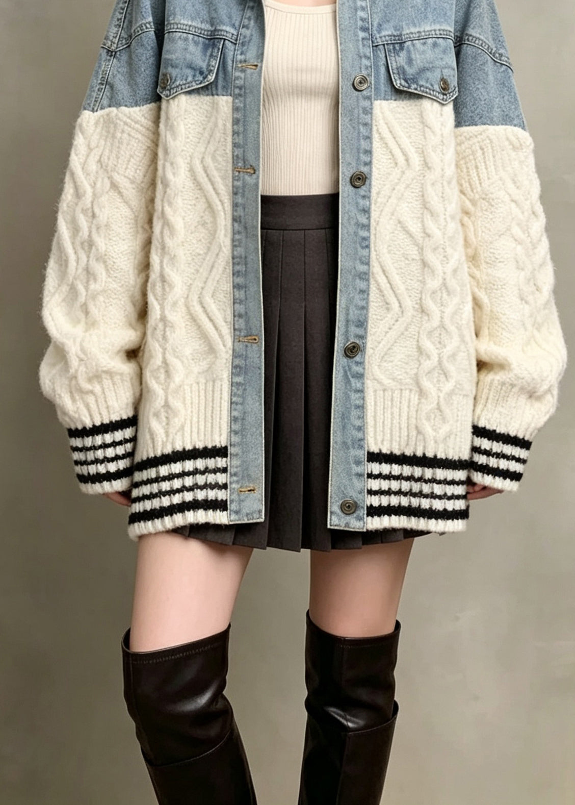 Women Beige Peter Pan Collar Denim Patchwork Knit Jacket Fall