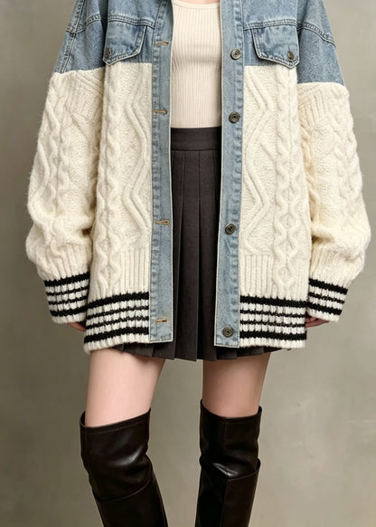 Women Beige Peter Pan Collar Denim Patchwork Knit Jacket Fall