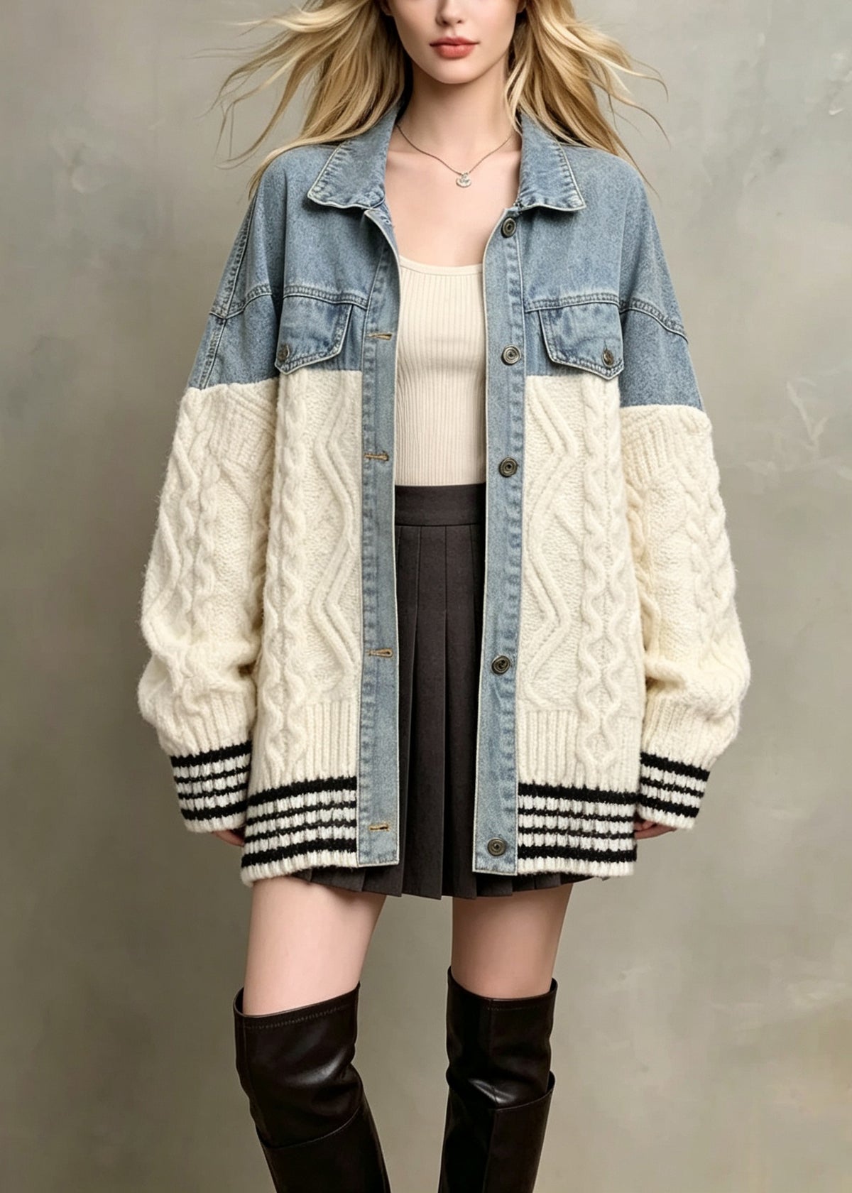 Women Beige Peter Pan Collar Denim Patchwork Knit Jacket Fall
