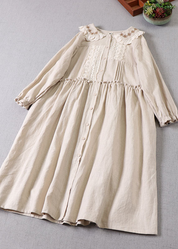 Women Beige Peter Pan Collar Ruffled Linen Dress Spring