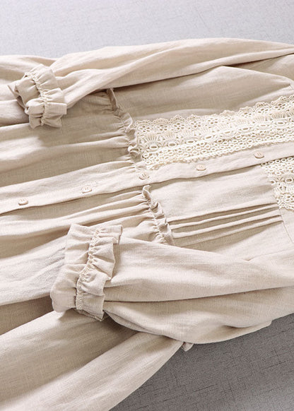 Women Beige Peter Pan Collar Ruffled Linen Dress Spring