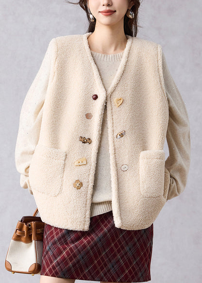 Women Beige Pockets Cozy Solid Faux Fur Waistcoat Winter