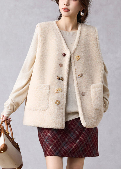 Women Beige Pockets Cozy Solid Faux Fur Waistcoat Winter