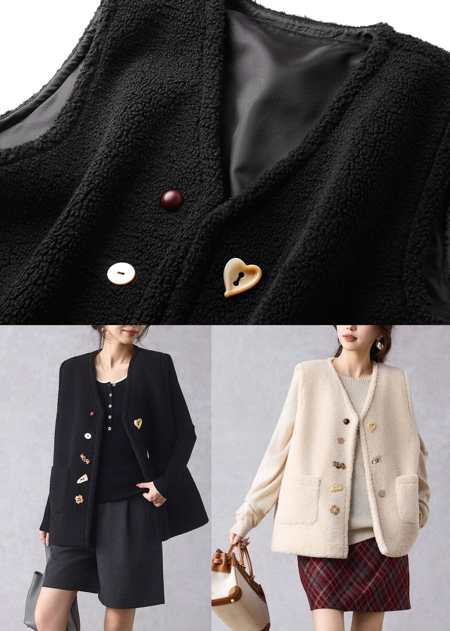 Women Beige Pockets Cozy Solid Faux Fur Waistcoat Winter