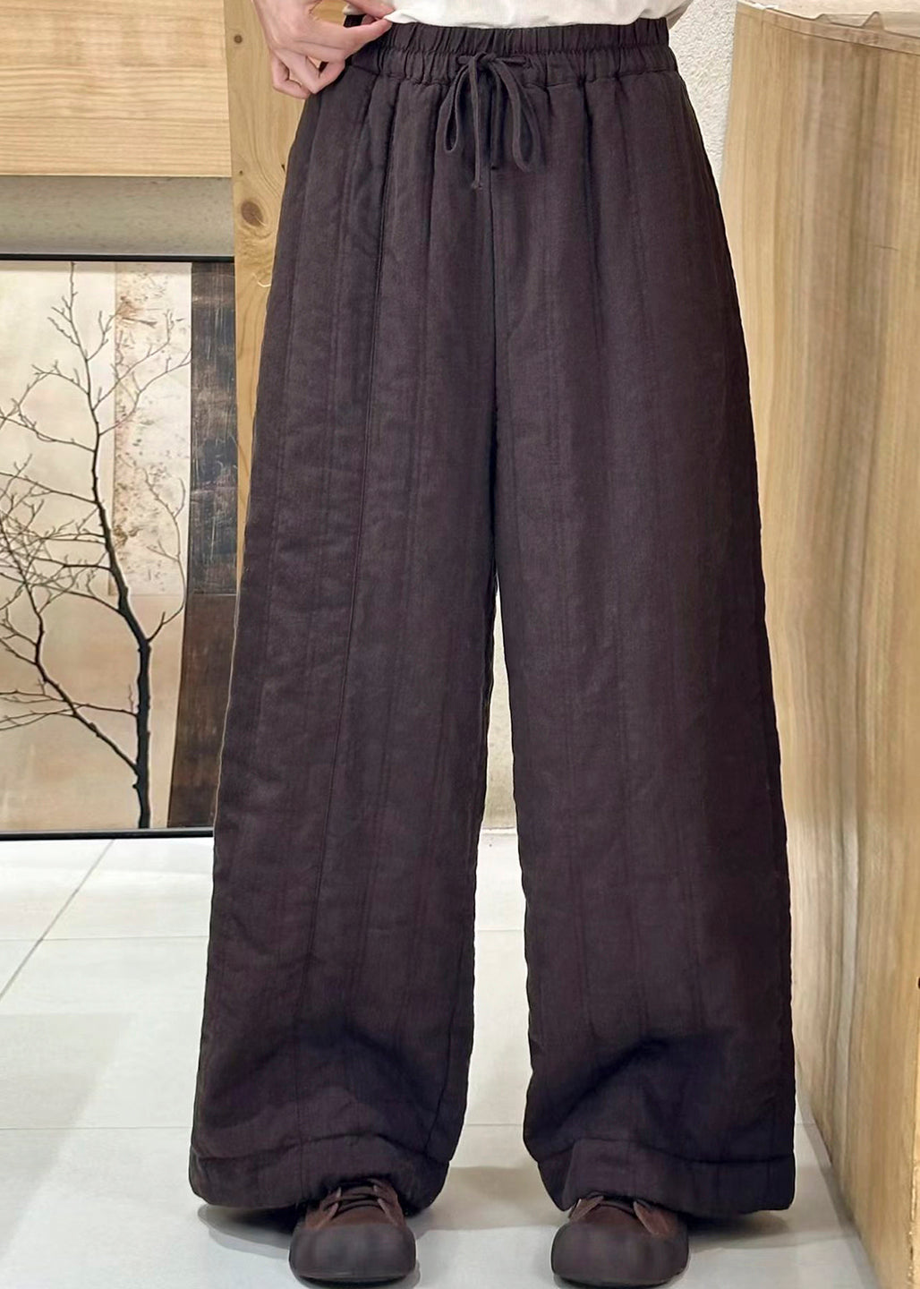 Women Beige Pockets Elastic Waist Fine Cotton Filled Pants Winter