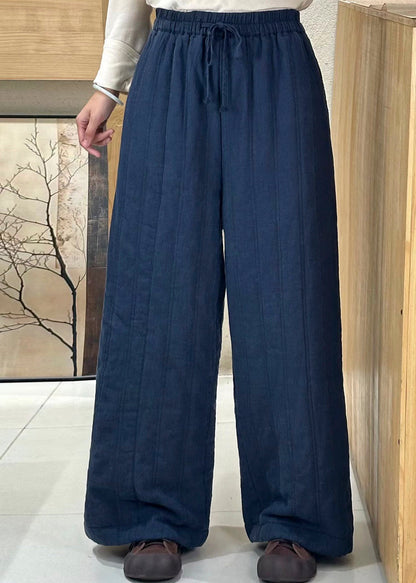 Women Beige Pockets Elastic Waist Fine Cotton Filled Pants Winter