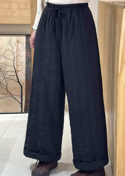 Women Beige Pockets Elastic Waist Fine Cotton Filled Pants Winter