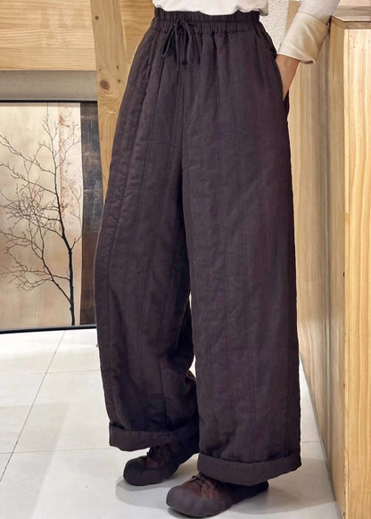 Women Beige Pockets Elastic Waist Fine Cotton Filled Pants Winter