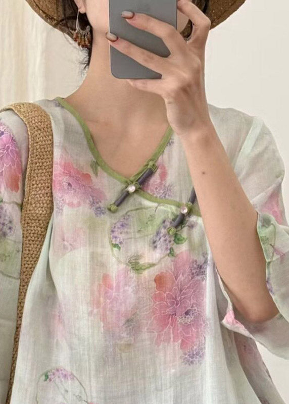 Women Beige Print Button Linen T Shirt Three Quarter Sleeve