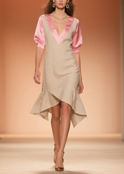 Women Beige Ruffled Patchwork Linen Silk Fake Two Piece Dress Summer