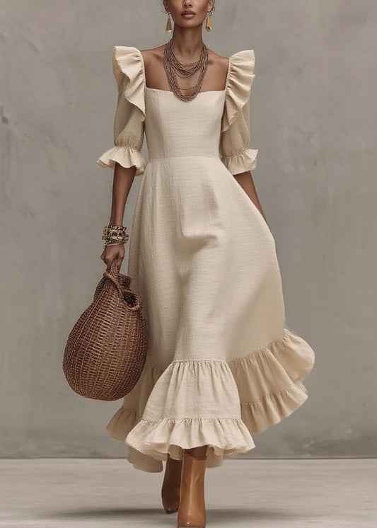 Women Beige Ruffled Patchwork Long Dresses Short Sleeve