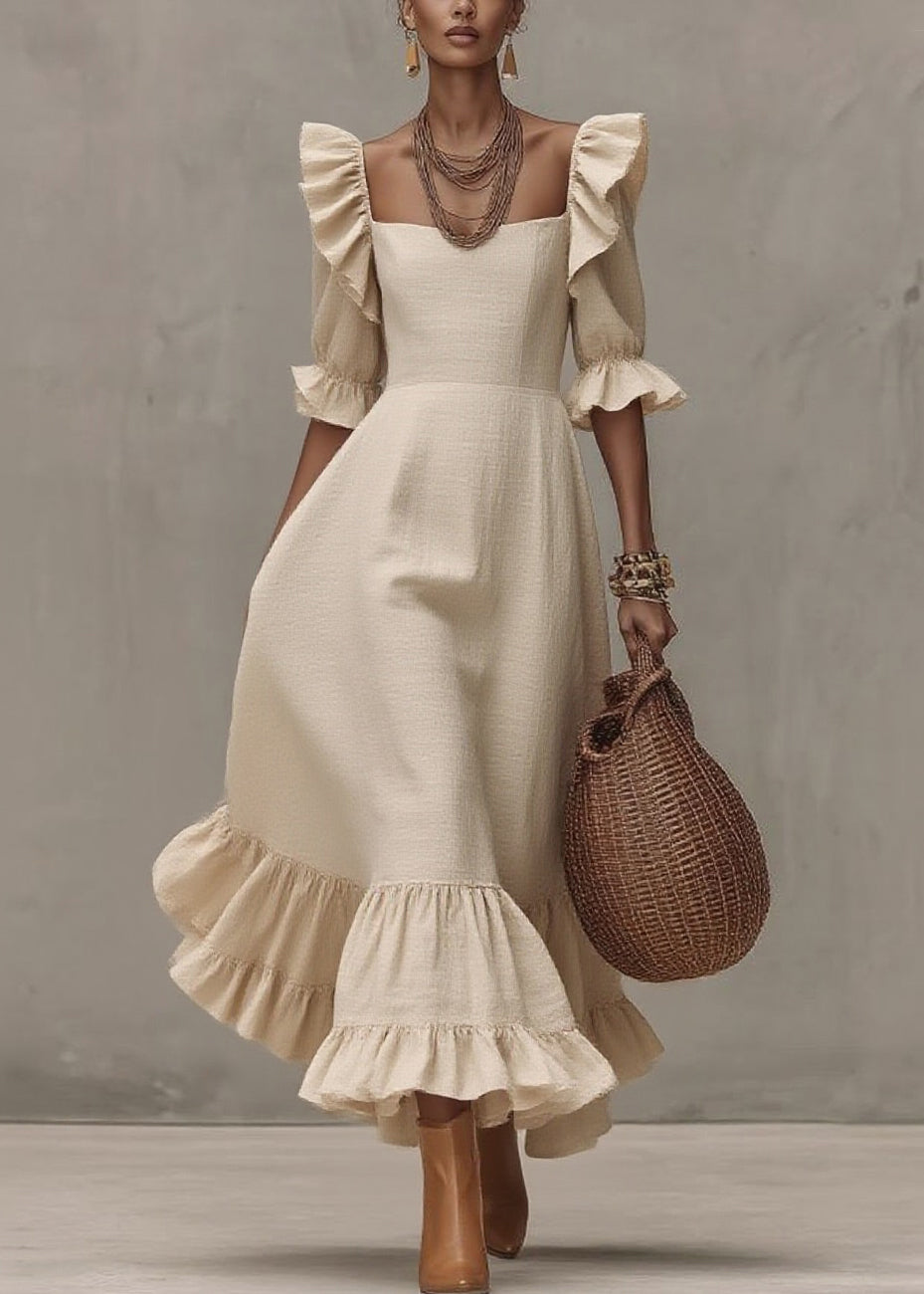 Women Beige Ruffled Patchwork Long Dresses Short Sleeve