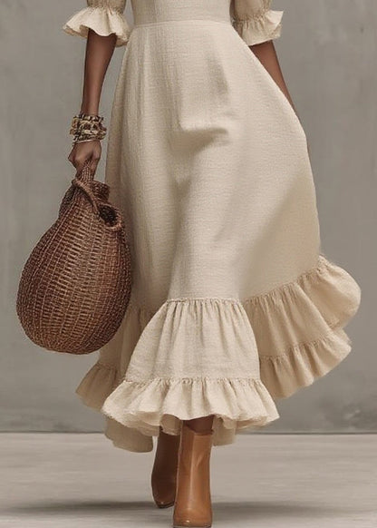 Women Beige Ruffled Patchwork Long Dresses Short Sleeve