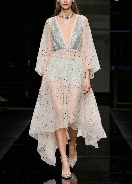 Women Beige Sequins Sheer Tulle Beach Dresses Summer